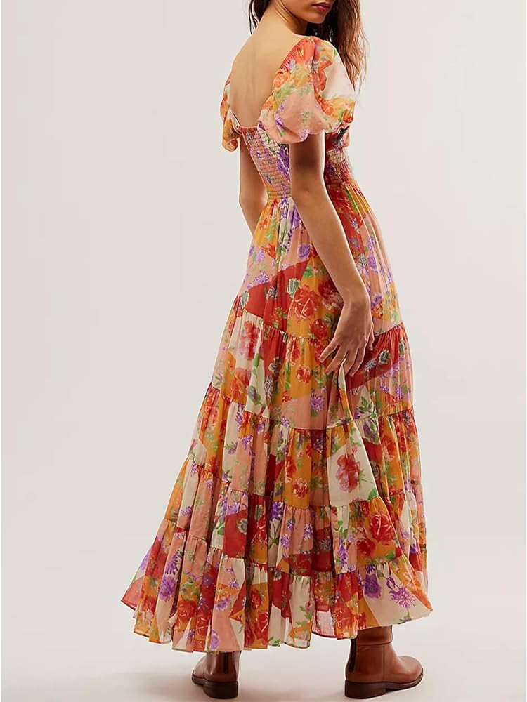 Women Floral Maxi Dress Short Puff Sleeve V Neck Bohemian Flowy Dress Smocked Casual Spring Summe... | Amazon (US)