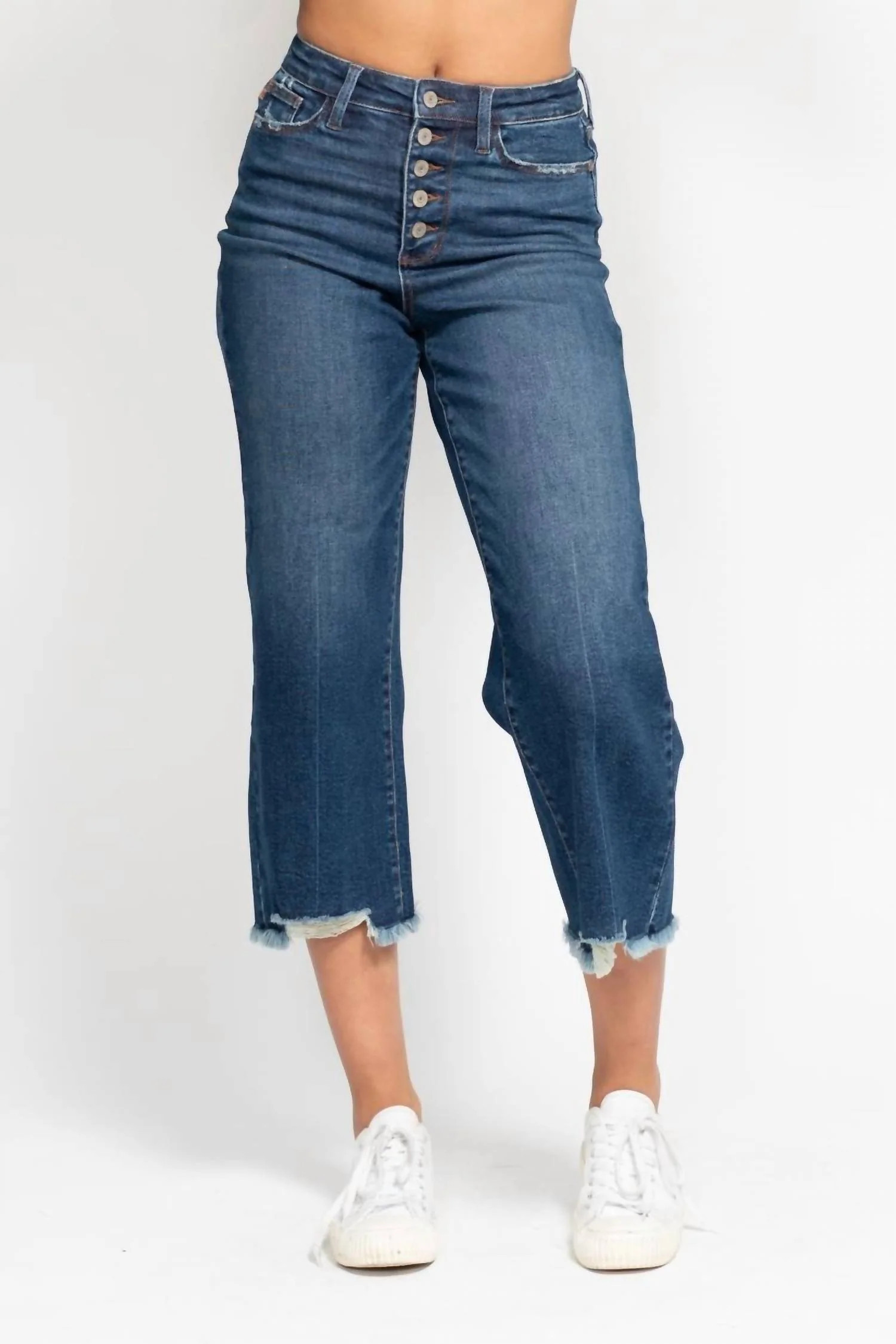 High Waist Button Fly Destroyed Hem Crop Wide Jean In Medium Wash | Shop Simon