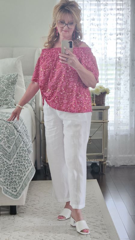 Pink & white to kick off Belmonte Stakes in Saratoga. This is going to be fun! Starting with comfortable white shoes, pink cold shoulder top, linen wide leg pants 

#LTKStyleTip #LTKFindsUnder100 #LTKFindsUnder50