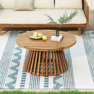Christopher Knight Home Bob Rustic Outdoor Acacia Wood Round Coffee Table with Slatted Design, Teak | Target