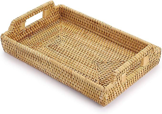 Amazon.com: Hipiwe Rattan Serving Tray with Handles - Hand-Woven Decorative Tray for Storage Brea... | Amazon (US)