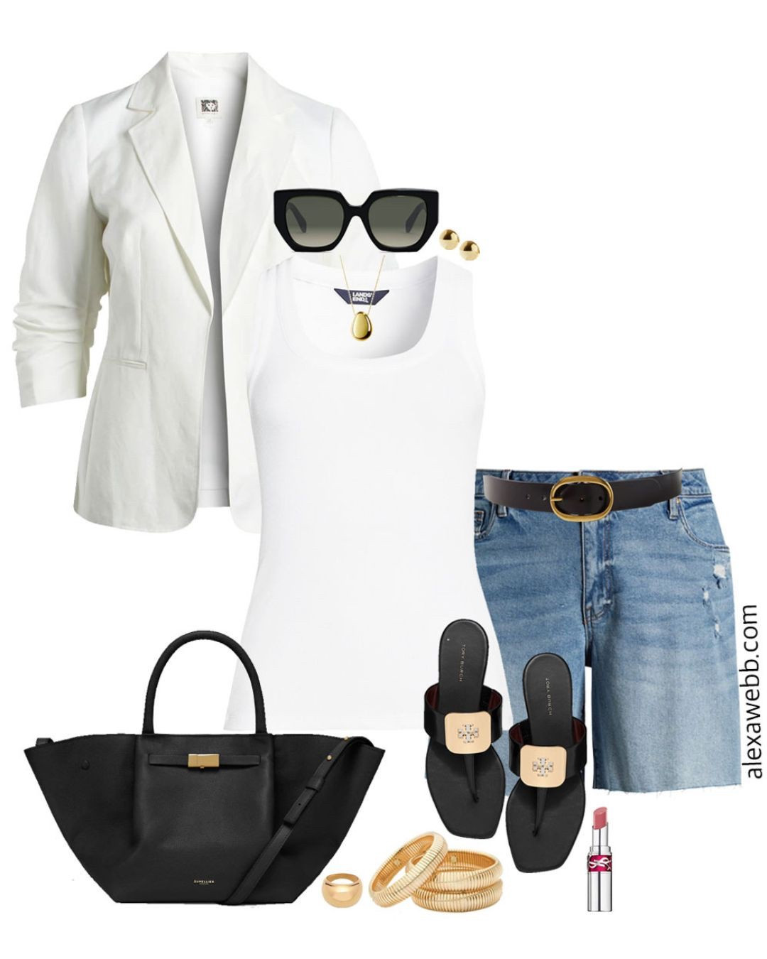 Plus Size White Linen Blazer Outfits - A cute plus size casual outfit for spring and summer with a plus size white linen blazer. Add denim shorts, black flat sandals, black sunglasses, and a black DeMellier tote. Alexa Webb

#LTKStyleTip #LTKSeasonal #LTKPlusSize