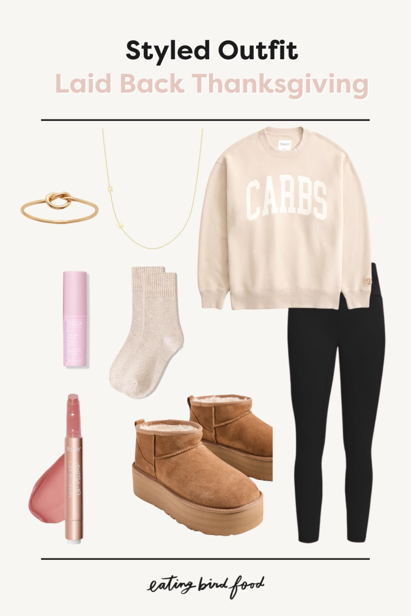 Keeping it cozy and cute for a laid-back Thanksgiving 🍂✨ Loving this comfy ‘CARBS’ sweater paired with classic leggings and cozy UGGs – perfect for relaxing with family, eating all the good food, and feeling festive! #ThanksgivingOutfit #CozyStyle #CasualLook #FallFashion

#LTKSeasonal #LTKTravel #LTKStyleTip