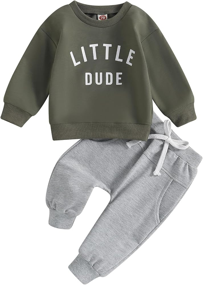 Baby Toddler Boys Fall Winter Outfits Little Dude Letter Printed Long Sleeve Sweatshirts Pants 2P... | Amazon (US)