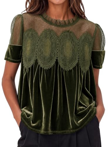 Cicy Bell Womens Velvet Lace Tops Babydoll Puff Short Sleeve Peplum Blouse | Amazon (US)