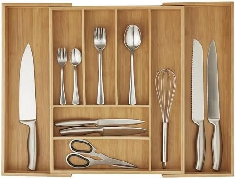 Bamboo Drawer Organizer - Expandable Kitchen Utensil Holder, Adjustable Silverware Drawer Organiz... | Amazon (US)