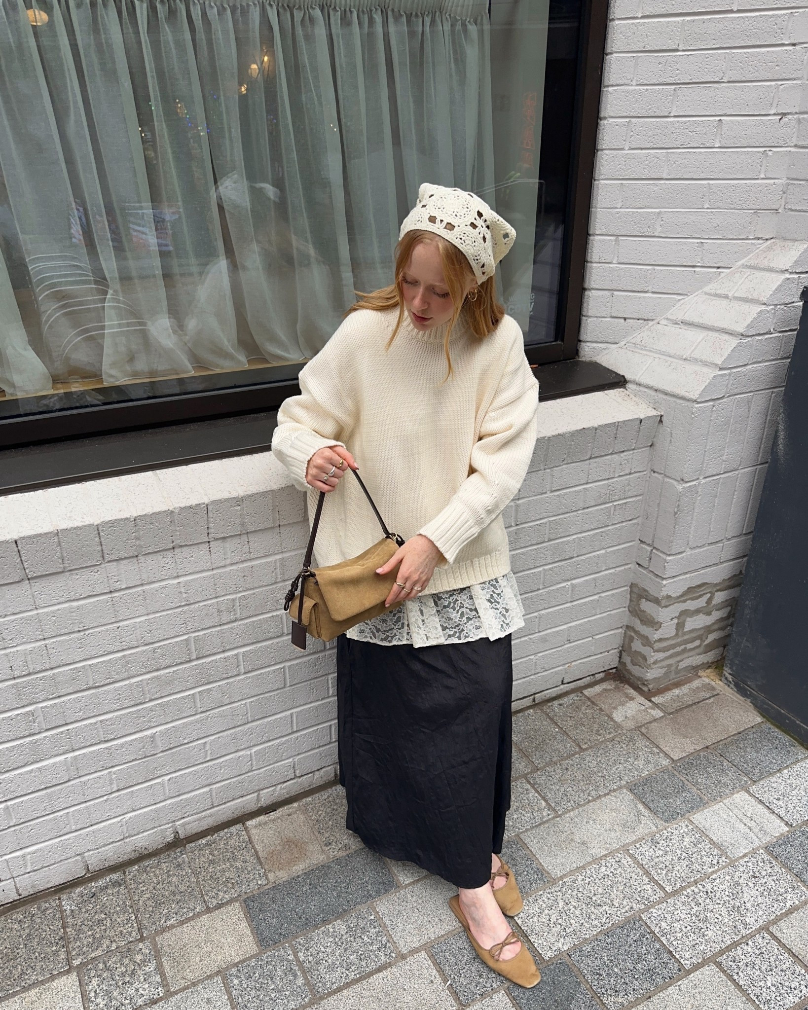 Cream Jumper, Lace, Black Skirt, Crochet, Hairscarf, Headscarf, Charles & Keith Bag, ASOS 

#LTKuk #LTKwinter #LTKautumn