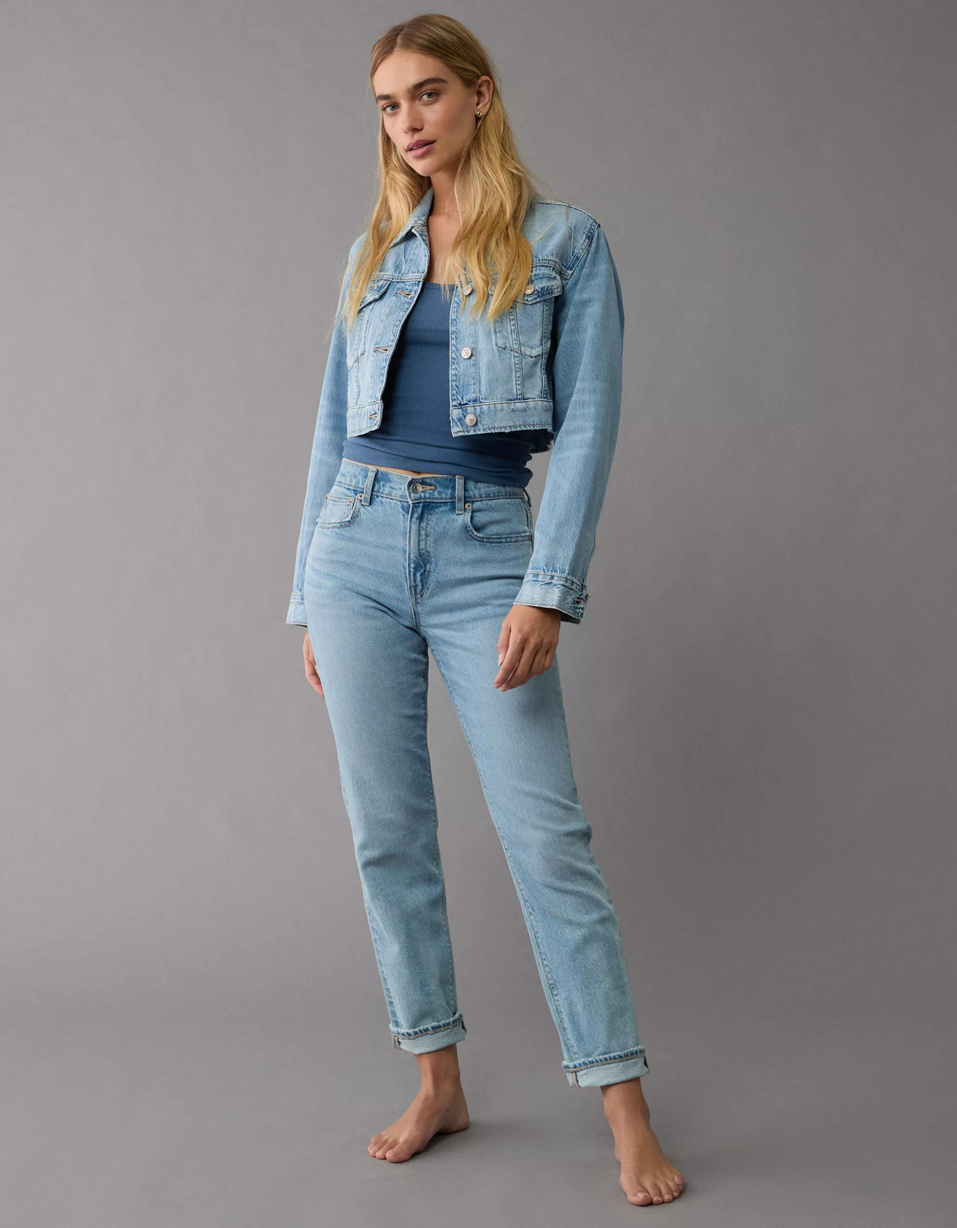 AE Dreamy Drape Super Cropped Denim Jacket | American Eagle Outfitters (US & CA)