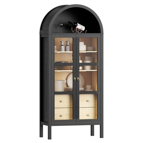ROOMTEC Modern Farmhouse Arched Cabinet with Glass Doors,72" Tall Auto Sensor Light Arch Storage Cabinet with Height Adjustable Shelf and 2 Drawers Display Bookshelf in Black Oak Wood Grain | Amazon (US)