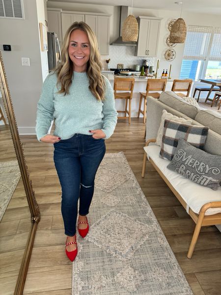 Sage tinsel sweater paired with denim skinny jeans and red mary jane flats 🎄 perfect outfit for the holidays! 

#LTKstyletip #LTKmidsize #LTKHoliday