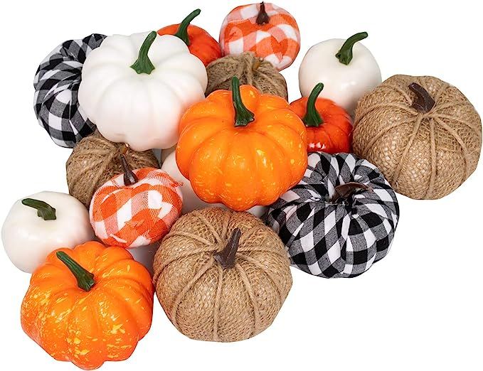 16 PCS Fall Decor Artificial Pumpkins Harvest Burlap Bufflo Plaid Faux Foam Pumpkins for Fall Aut... | Amazon (US)