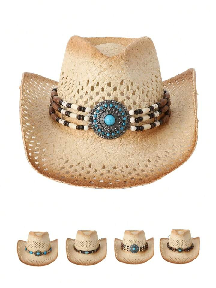 1pc [Cowboy Hat]Hand Crochet Men's Cowboy Hat High-End Turquoise Decorated Jazz Hat Crochet Straw... | SHEIN