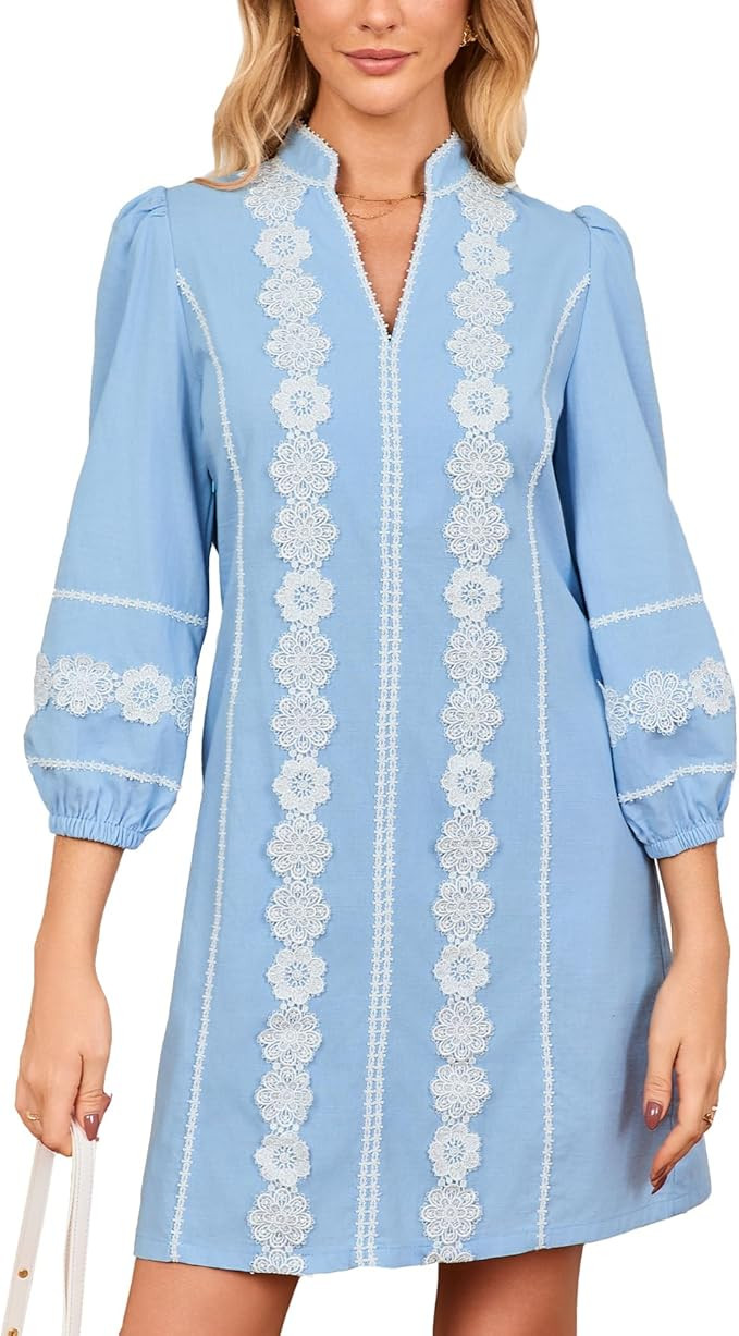 Women's Lace Floral Tunic Dress 3/4 Puff Sleeve V Neck 3D Embroidered Mini Dress | Amazon (US)