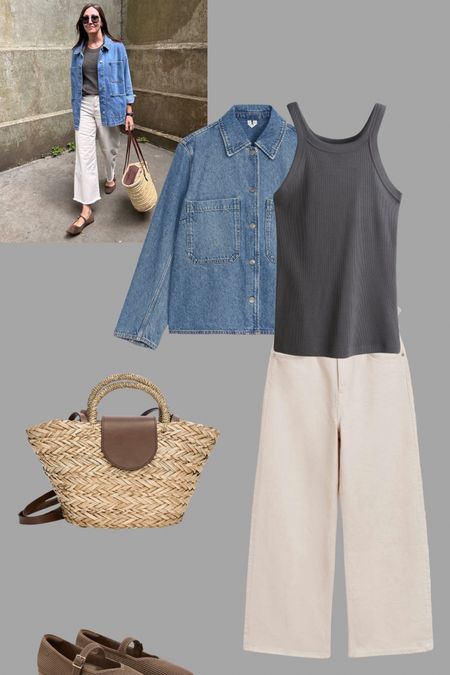 Light denim jacket shacket layer with cropped white jeans, Mary Janes and a basket bag from pull and bear .

#LTKeurope #LTKover40