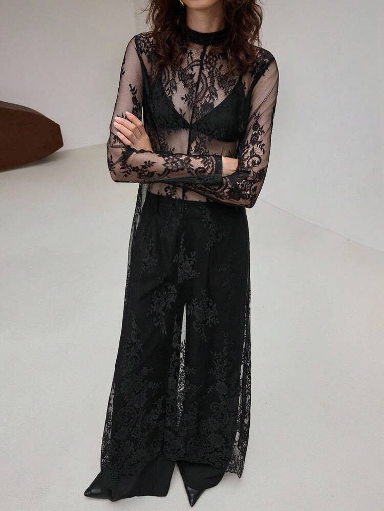 Ontre 2026SS New Arrival, Suitable For 5-15°C, Layering, Modern Urban Style, Black Lace Fabric, Waist-Cinched Fitted Silhouette, Women's Long Dress, Elegant Versatile Daily Wear, New Apparel Party Dress, Women's Spring/Summer Dress | SHEIN