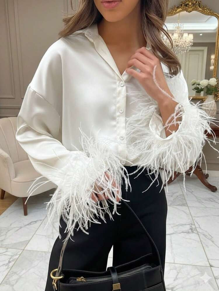 Elegant Romantic Banquet Wear, Solid Color Puff Sleeve Long Sleeve Casual Women Blouse White Spring | SHEIN