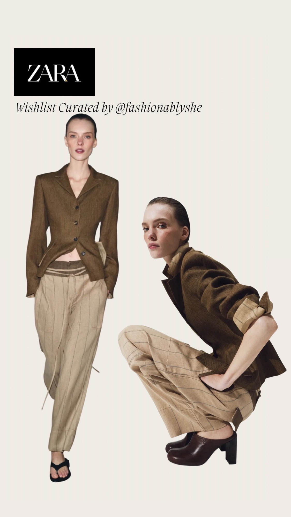 Zara brown blazer and strip tan slacks 

#LTKmomlife #LTKdayinmylife #LTKOver40