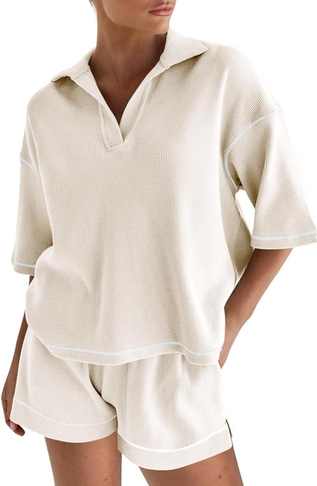 Tankaneo Womens Short Sleeve Pajama Sets Waffle Knit Oversized Top and Shorts Summer 2 Piece Loun... | Amazon (US)