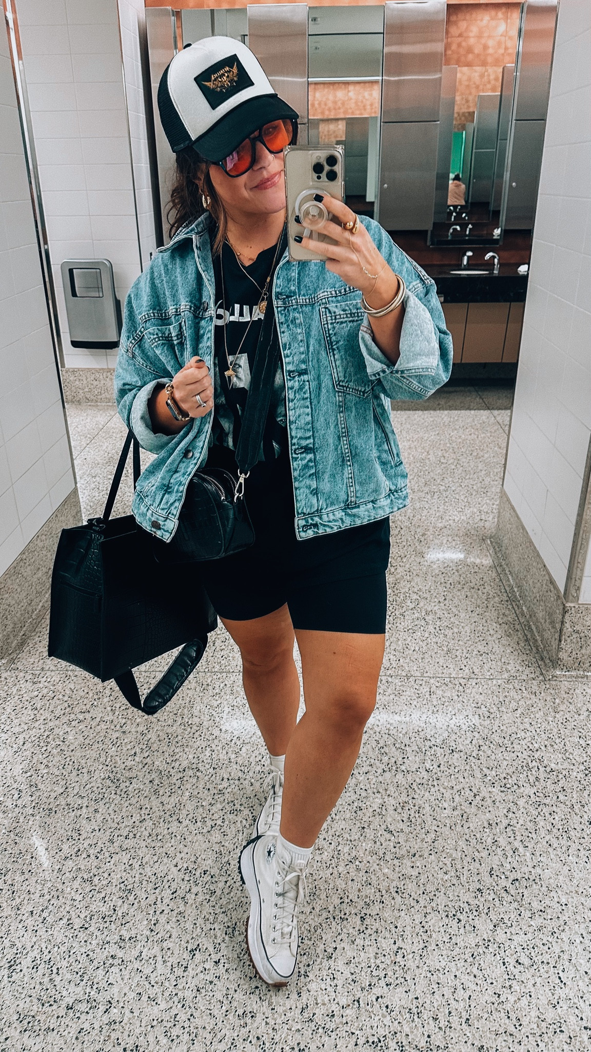 Travel outfit- coming home from a concert weekend 
Comfy bike shorts large 
Sports bra xl 
Band tee 
Boyfriend denim jacket large 
Crew amazon socks 
High top sneakers tts so comfy 
Trucker hat 
Necklaces 
Travel tote bag 


#LTKtravel #LTKSeasonal #LTKmidsize