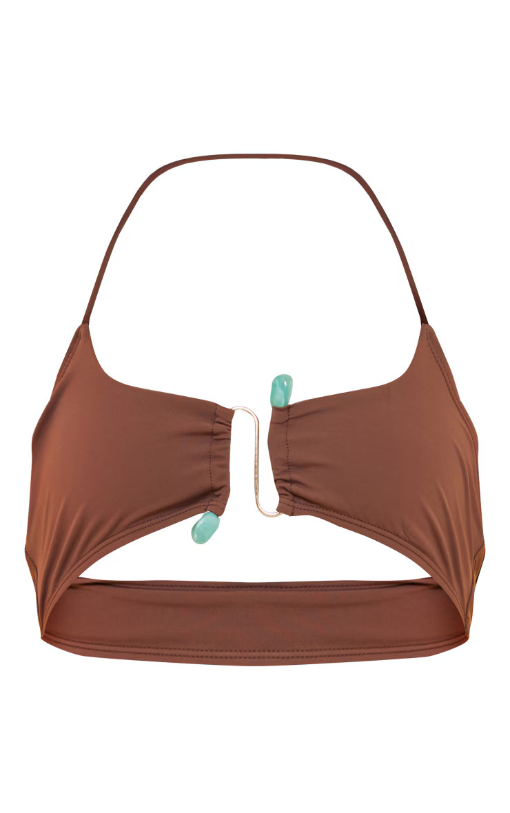 Chocolate Halterneck Silver Trim Bikini Top | PrettyLittleThing US