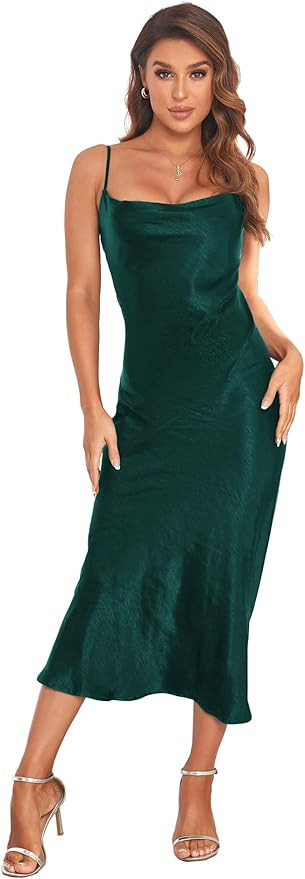 Women's Spaghetti Strap Midi Satin Silk Dresses Slip Cowl Neck Party Cocktail Evening Sexy Dress | Amazon (US)