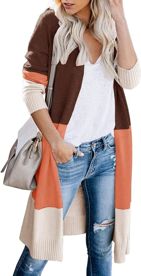 Lovaru Womens Boho Open Front Cardigan Colorblock Long Sleeve Loose Knit Lightweight Sweaters | Amazon (US)