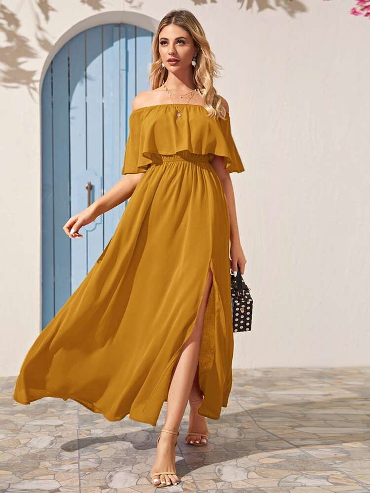 Foldover Bardot Split Thigh Maxi Dress | SHEIN