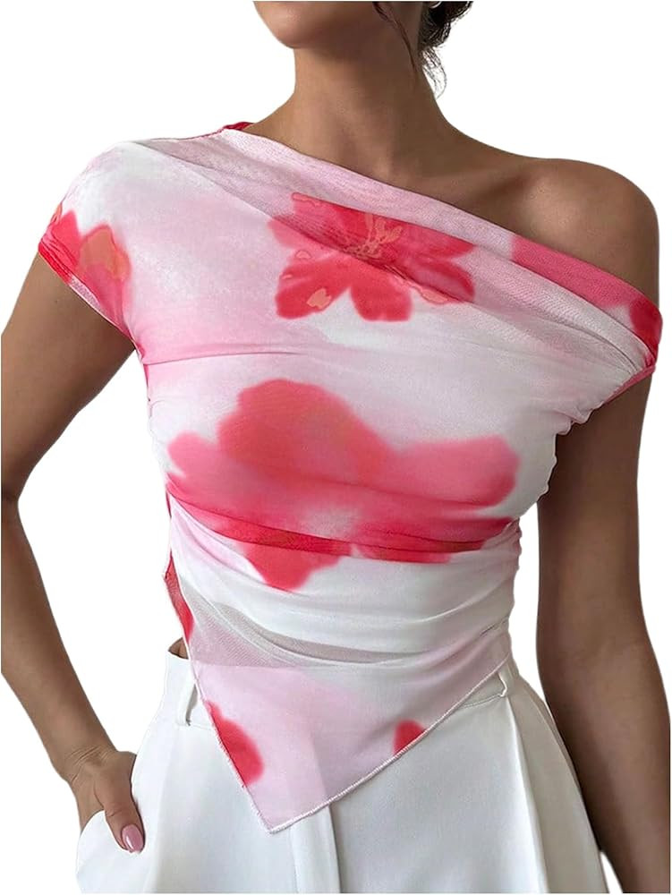 Floerns Women's Y2k Floral Off The Shoulder Mesh Tops Mesh Ruched Asymmetrical Tops T Shirts | Amazon (US)