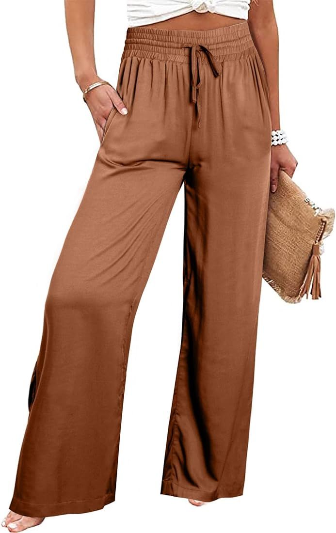 Acelitt Womens Casual Elastic Waist Wide Leg Pants with Pockets | Amazon (US)