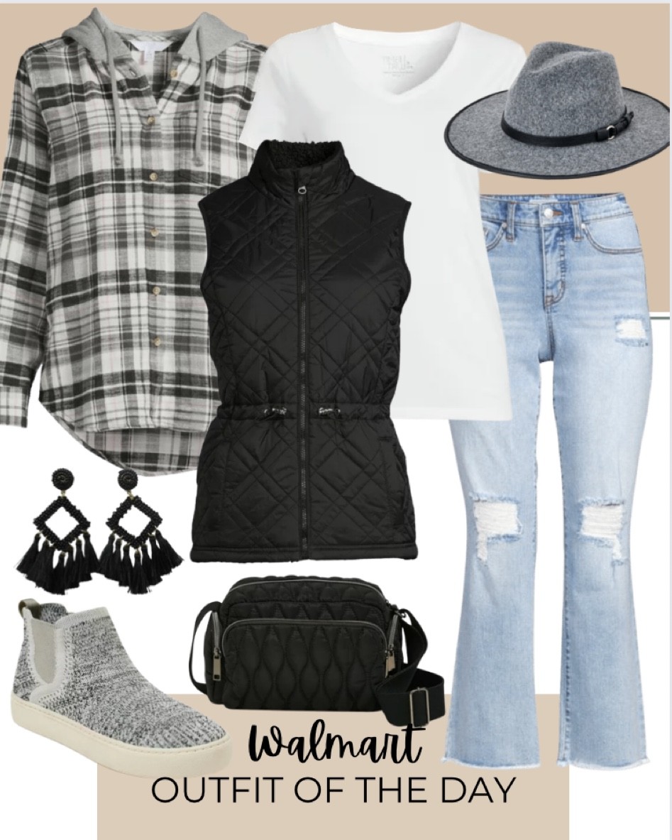 Walmart is the perfect place to find all your fall wardrobe needs! Outfit of the day picks include hooded flannel, black quilted vest, white v-neck shirt, Sofia Vergara jeans, quilted cross body bag, grey wide brimmed hat, fringe earrings, and Casual Knit High Top Sneakers.

Walmart finds, fall fit, fall outfit, Walmart fit, Walmart outfit, seasonal outfit, women’s clothing, women’s fall clothing

#LTKstyletip #LTKshoecrush #LTKunder50