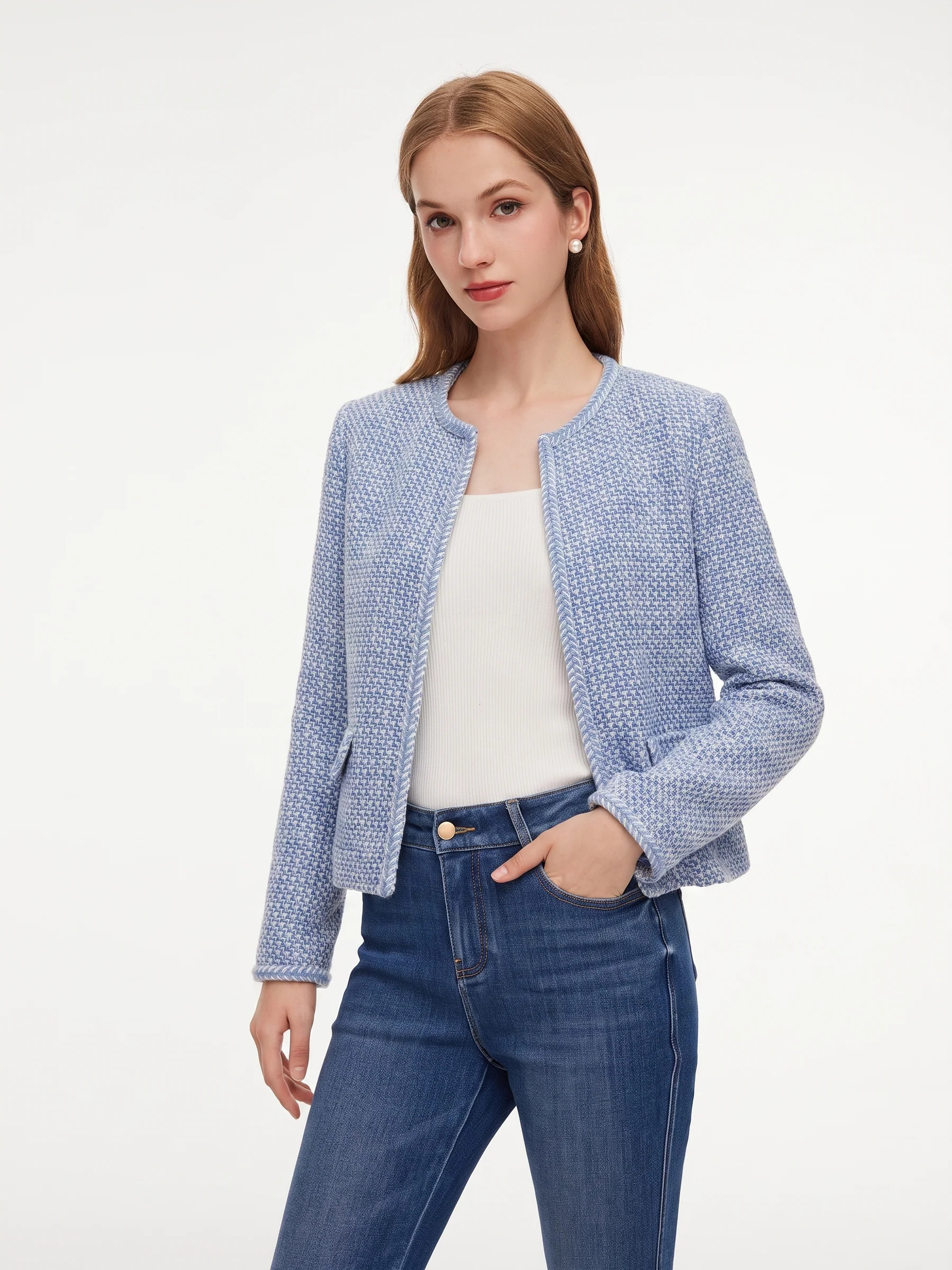 Cotton Wool Blend Women Tweed Cropped Jacket Blue and  White Jacquard / S | GOELIA