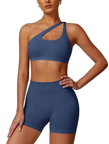ABOCIW Workout Sets for Women 2 Piece Seamless High Waist Scrunch Butt Lifting Gym Shorts Cutout One Shoulder Sports Bra Yoga Outfits Seamless Dark Sapphire Blue M | Amazon (US)