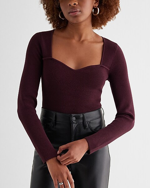 Ribbed Sweetheart Neckline Long Sleeve Sweater | Express