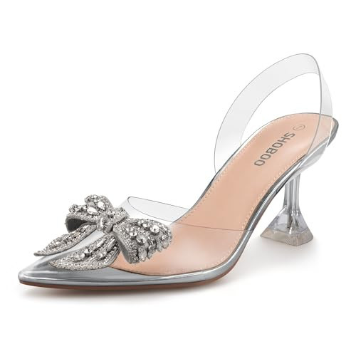 SHOBOO Women's Clear Heels with Rhinestones Bow Transparent Heels Closed Toe Pointed Slingback Wedding Dress Pumps for Women Silver | Amazon (US)