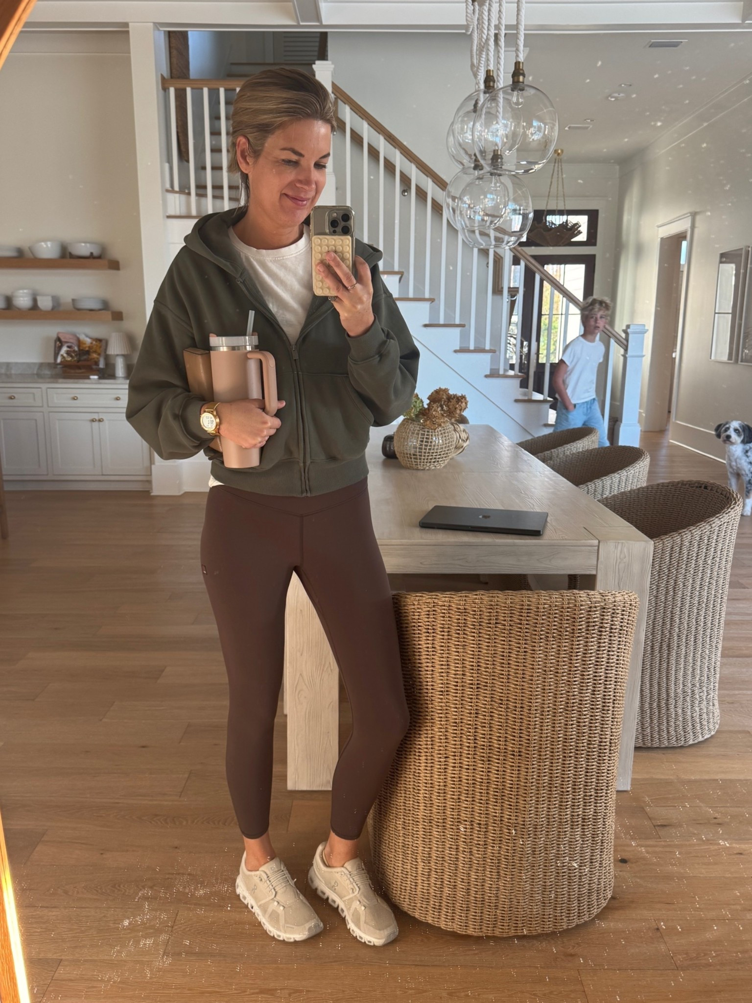 Workout outfit. Wearing small in all pieces. Sized up .5 in the sneakers.