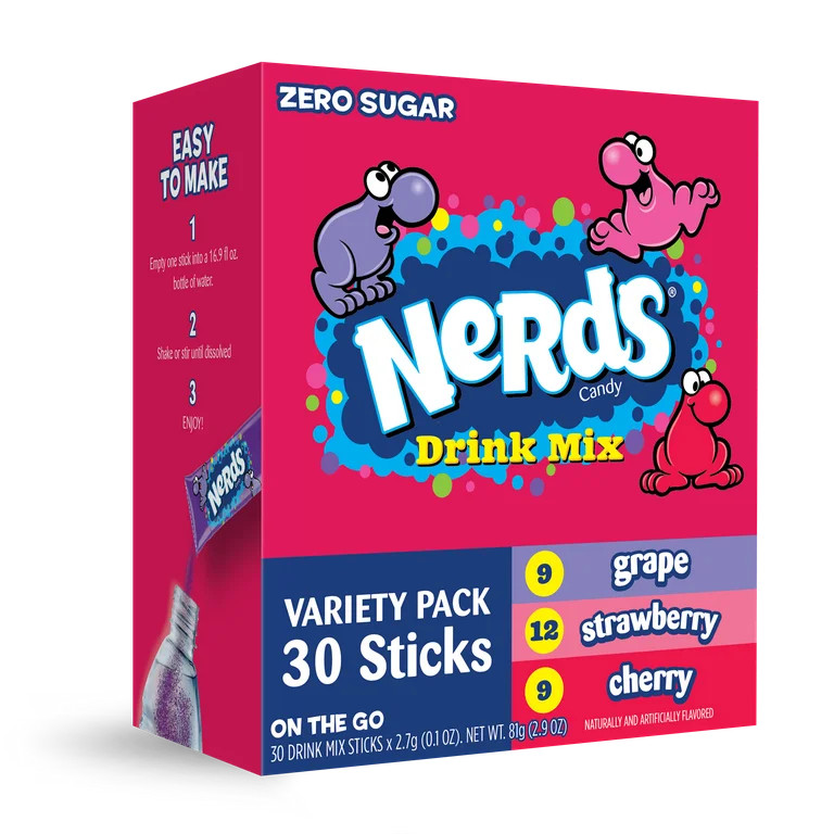 Nerds, 30ct Powdered Drink Mix Variety Pack, Sugar Free, on the go Packets, Grape Cherry and Stra... | Walmart (US)