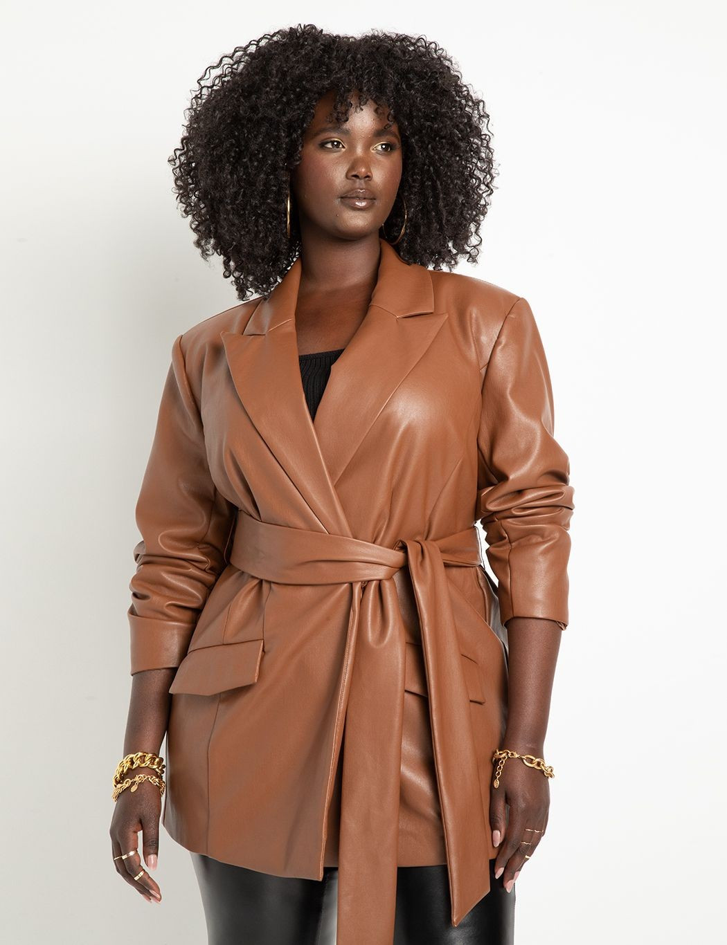 Faux Leather Belted Blazer | Women's Plus Size Coats + Jackets | ELOQUII | Eloquii