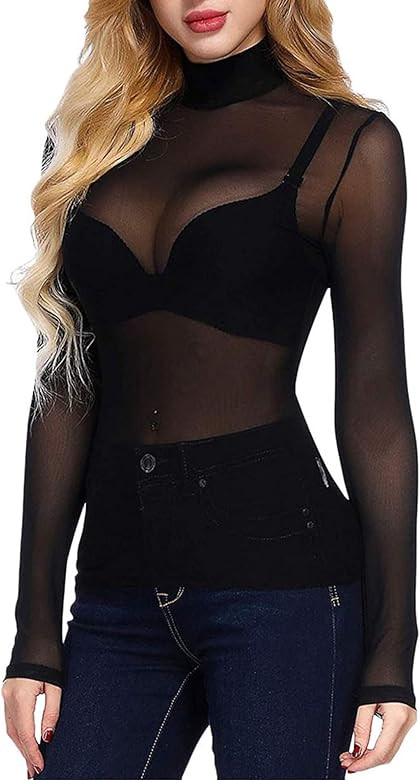 Women Bodycon Mesh Long Sleeve Tops Sexy See Through Solid Turtleneck Blouses Sheer Slim Fit T Sh... | Amazon (US)