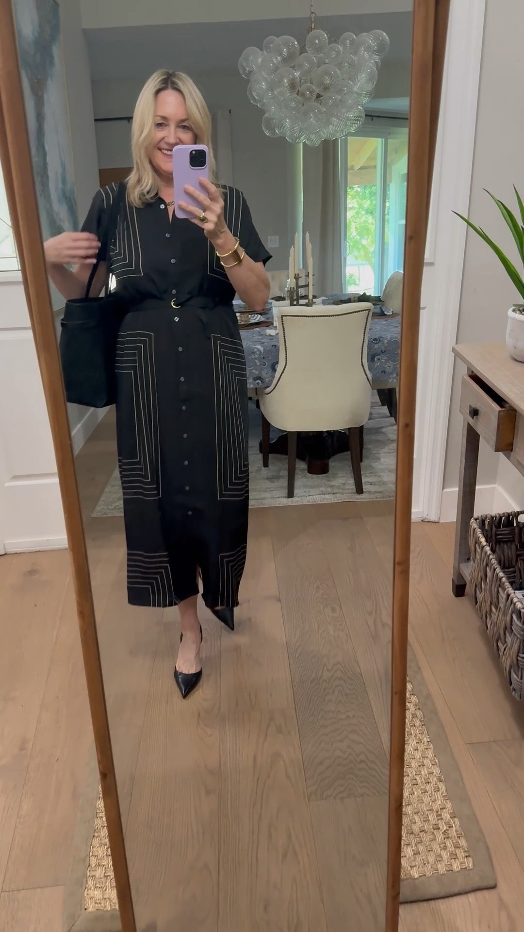 Love the geometric pattern on this midi dress.  Work outfit, shirtdress, fall work outfit over 50

#ThisisAnn