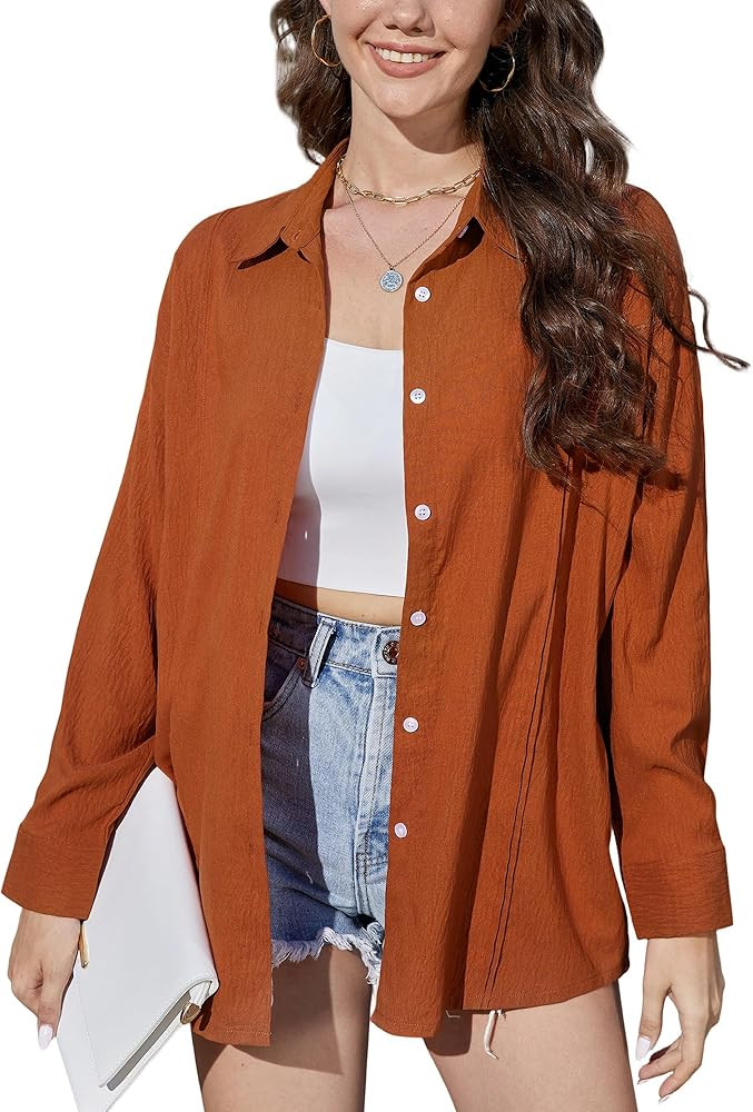 Womens Button Down Shirt Oversized Long Sleeve Gauze Tops Casual Boyfriend Button Up Shirts Dressy Blouse Summer | Amazon (US)