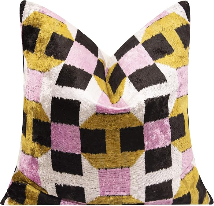 CANVELLO Handmade Velvet Throw Pillow with Pink, Gold, and Black Geometric Design 20x20-Inch Deco... | Amazon (US)