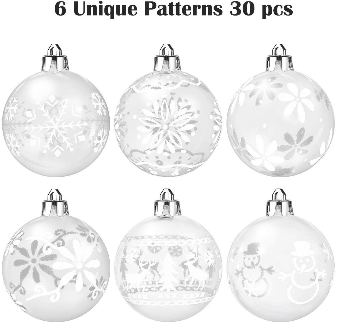 Unomor Christmas Tree Ornaments, 6 Patterns 30 ct White Clear Shatterproof Christmas Ornaments wi... | Amazon (US)