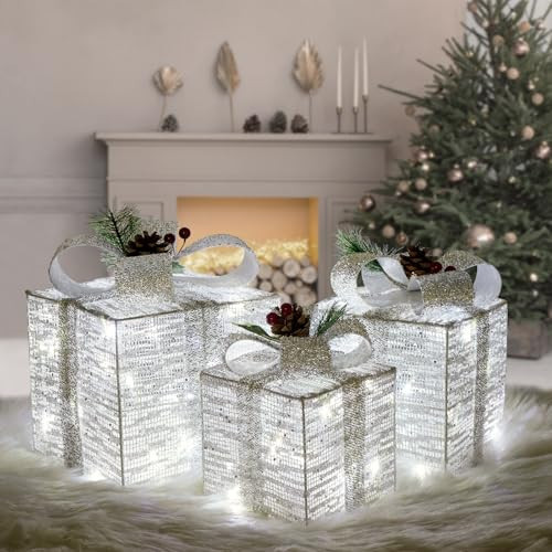 Set of 3 Christmas Lighted Gift Boxes Decorations, Pre-lit 60LED Christmas Silver Present Boxes with White Lights, Battery Operated Christmas Lights Decor for Xmas Tree, Home, Party, Holiday，Indoor | Amazon (US)