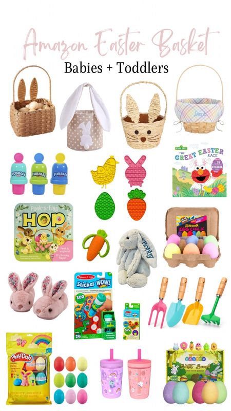 Amazon Easter Basket for Babies and Toddlers! 

Kids Beach toy scoop & spade, egg sidewalk chalk, toddler cups, activity pad, bunny slippers, easter eggs, bunny basket bags, no spill bubble tumbler, bath bombs, books, plush bunny, woven basket, sensory pop toys! 

#LTKkids #LTKbaby #LTKhome