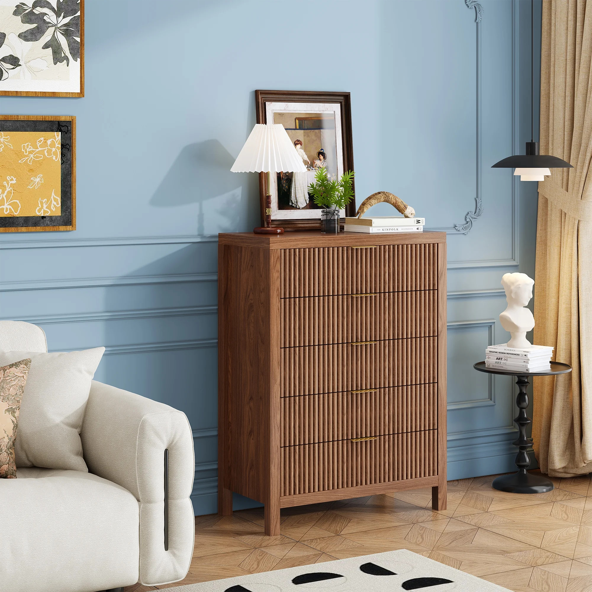 Fluted 5 Drawers Dresser, Modern 43" Tall Modern Chest of Drawers Farmhouse Dressers, Walnut - Wa... | Walmart (US)