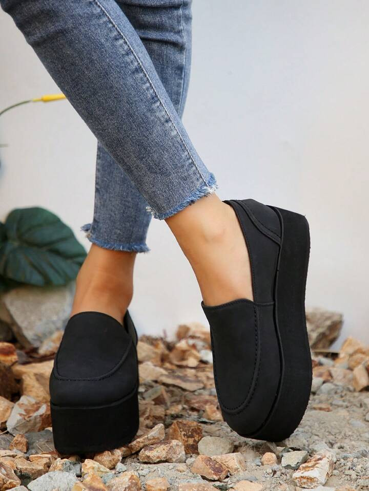 Women's Black Patent Leather Loafers With Wedge Heel & Thick Sole | SHEIN