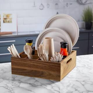 Brown Acacia Wood Utensil Holder with 6 Compartments for Countertop Cutlery, Plate, Cup, Fork, Spoon | The Home Depot