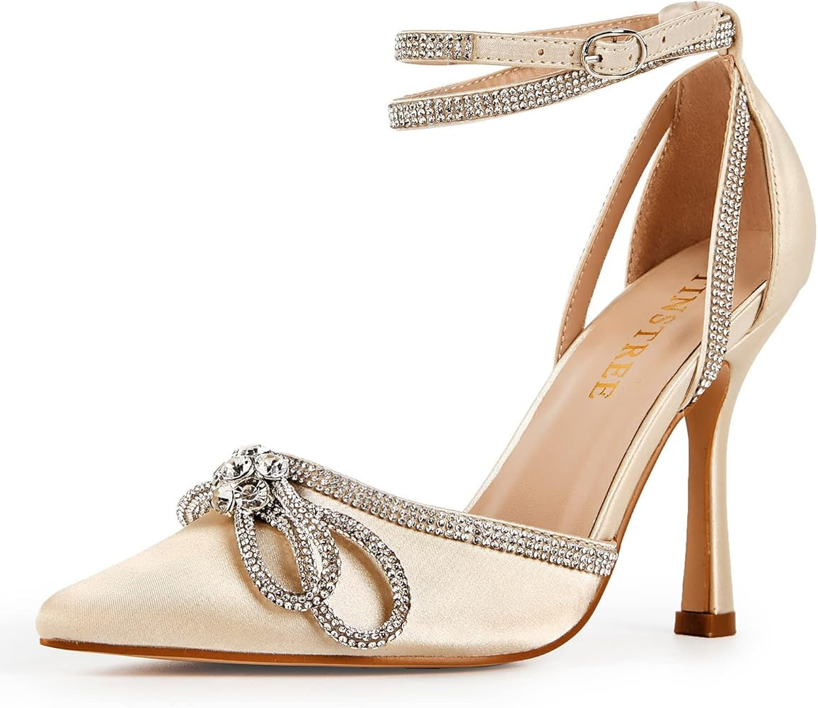 TINSTREE Women's Rhinestone Ankle Strap Heeled Sandals Pointy Toe Stilettos High Heels Pumps Lace... | Amazon (US)