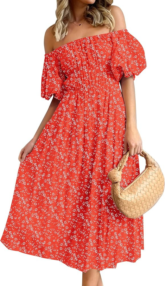 ZESICA Women's 2024 Sexy Boho Off Shoulder Puff Short Sleeve High Waist Ruffled Flowy A Line Beac... | Amazon (US)