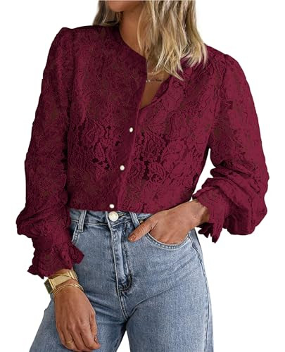 PRETTYGARDEN Women's Dressy Casual Lace Blouse Long Sleeve Button Up Shirts Tops Spring Fall Fash... | Amazon (US)